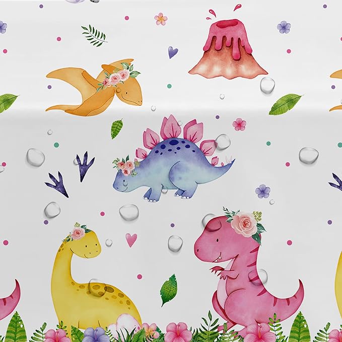 Dinosaur Birthday Party Supplies Tablecloth for Girl - Pink Dinosaur Baby Shower Decorations Table Cover, 3 Pack (54in x 108in)