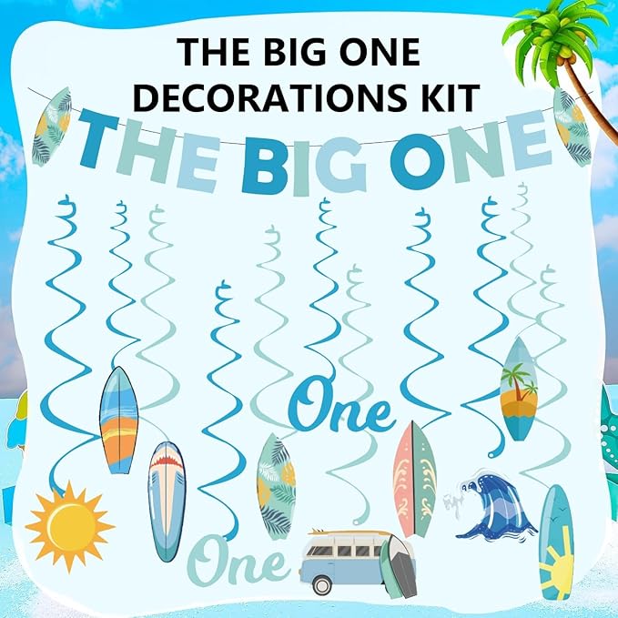 The Big One Theme Banner Boy 1st Birthday Party Decorations,Surf First Birthday Party Decor Supplies for 1 Year Old Boy