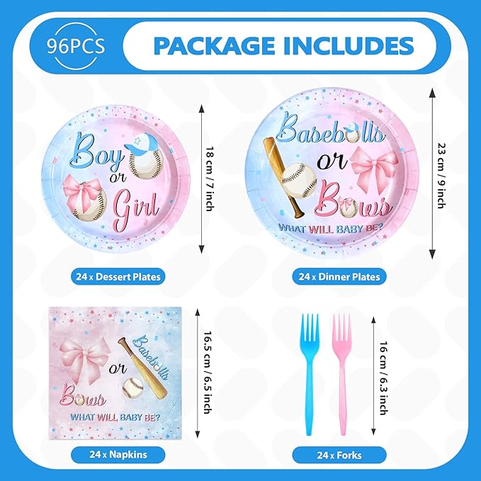 96 Pcs Baseball or Bows Gender Reveal Decorations Disposable Boy or Girl Gender Reveal Party Supplies Blue Pink Baseballs Themed Paper Plates and Napkins for Pregnancy Announcement Supplies，Serves 24