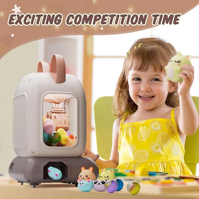 Skirfy Mini Claw Machine for Kids,Vending Machine, Prize Dispenser Toys for Girls and Boys, Electronic Game for Party Birthdays Includes 32 Mini Toys(Brown)