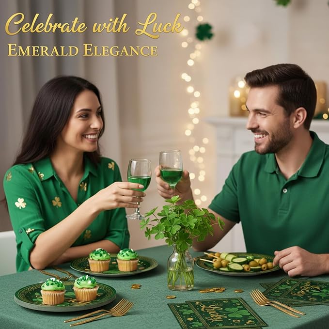 100 Pcs St. Patrick's Day Tableware Party Supplies, Serves 25, Disposable Green Clover and Lucky Design Paper Plates, Napkins, and Gold Forks, St. Paddy's Day Dinner, Irish or Spring Decorations