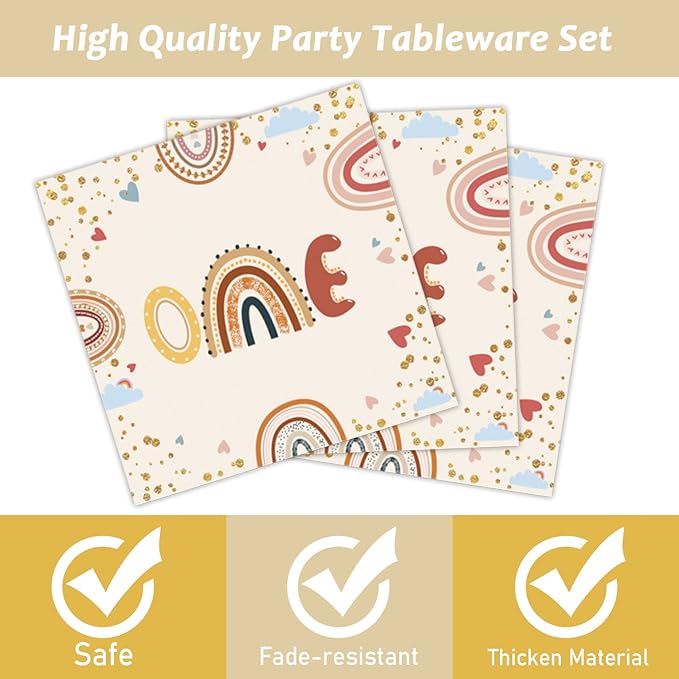96 Pcs Boho Rainbow Party Plates and Napkins Party Supplies Boho Rainbow 1st Birthday Party Tableware Set Boho One Party Decorations Favors for Baby Girls Boys Birthday Baby Shower Serves 24