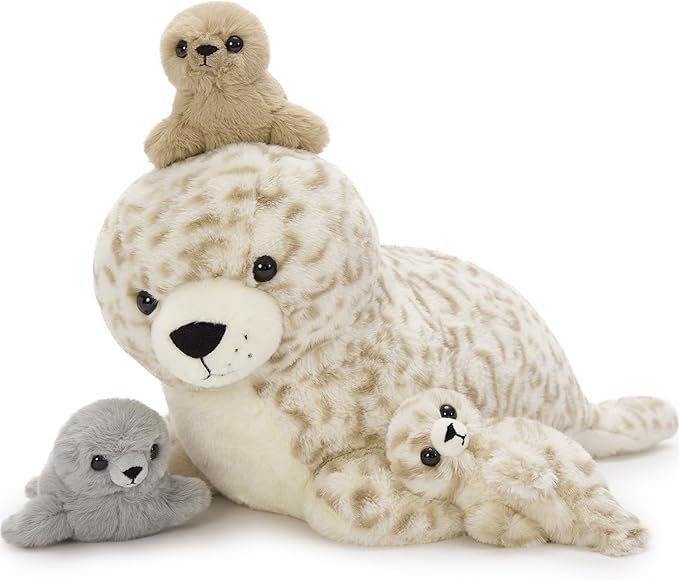 4 Pcs Seal Stuffed Animal Set, 20" Mother Plush Toy with 3 Babies in Mom's Belly, Cute Leopard Stuffed Seal Plushie for Girls Boys Kids, Kawaii Chirstmas Bithday