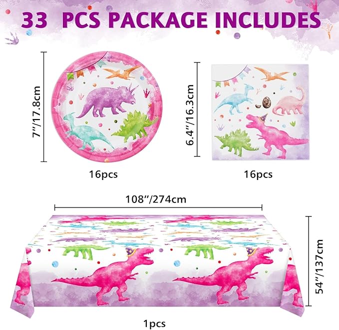 WERNNSAI Girl Dinosaur Party Decorations - 33 PCS Dino Plates Napkins Tablecloth Pink Dinosaur Birthday Decorations Three Rex Table Decorations for Kids Girls Birthday Baby Shower Serves 16 Guests