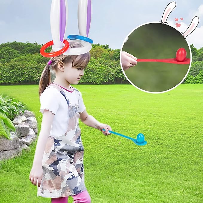 4 Players Easter Outdoor Party Games for Kids and Family - Potato Sack Race Jumping Bags, Legged Relay Race Bands, Egg and Spoon Race and Inflatable Bunny Ring Toss Games - Easter Party Supplies