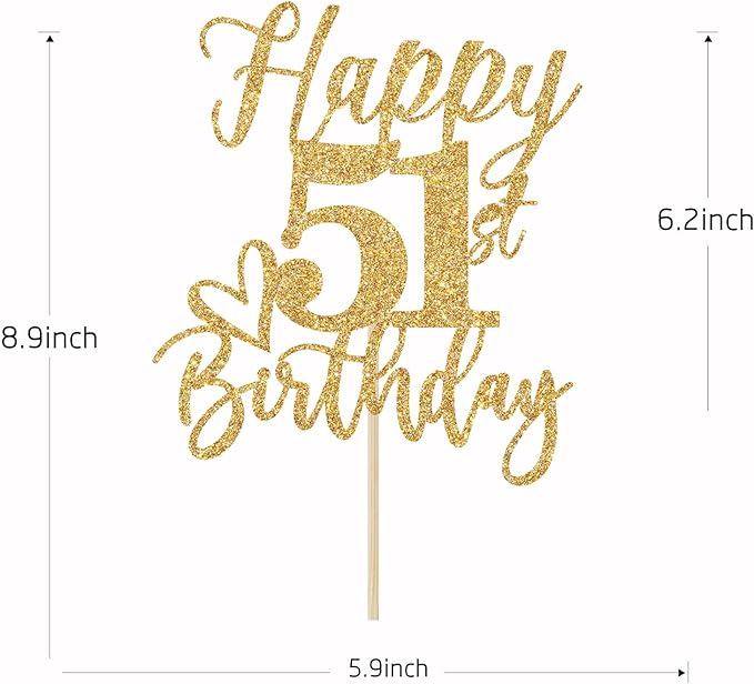 Happy 51st Birthday Cake Topper, 51 Birthday Decorations for Women/Men, Cheers to 51 Years, Hello 51, 51st Happy Birthday Party Supplies Gold Glitter