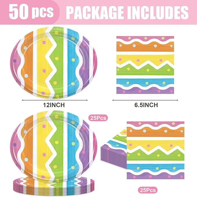 50PCS Easter Egg Party Supplies for Birthday Watercolor Bunny Floral Party Decorations Paper Plates Napkins Tableware 25 Guests
