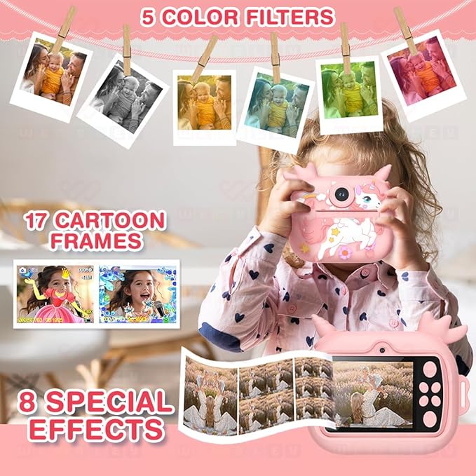 Wembley Kids Camera Instant Print with Dual Lens | Birthday Gift Toys for Boys & Girls 3–10 Years | Unicorn Digital Toddler Camera Thermal Printer | Selfie & Video | Rechargeable | 32GB SD Card Pink