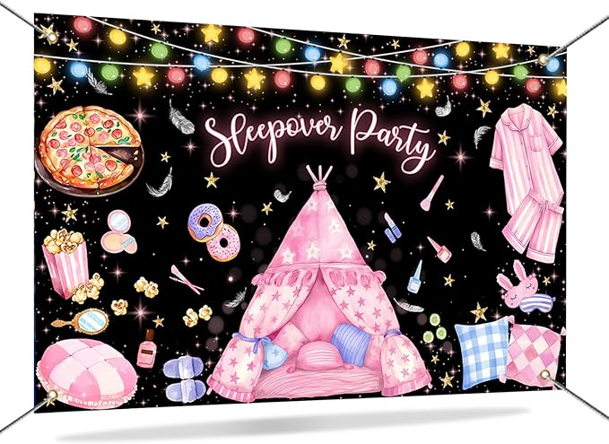 Mocsicka Black Sleepover Backdrop Party Decorations Slumber Pillow Fight Girls Night Photo Background Pajama Spa Make Up Birthday Decorations Party Supplies 70.8 x 43.3 Inch