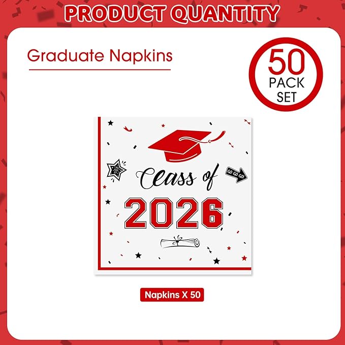 50 Pcs Graduation Napkins Decorations - Red Class of 2026 Congrats GRAD 3-Ply Paper Cocktail Dinner Napkins Set for 2026 Graduation Party Supplies Table Decor Favors, 6.5 x 6.5 Inch