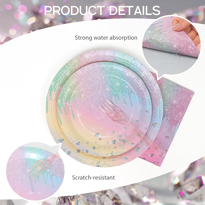 96Pcs Colorful Diamonds Plates Party Supplies Kpop Paper Plates and Napkins and Forks Baby Shower Kids Birthday Party Decorations, Serves 24