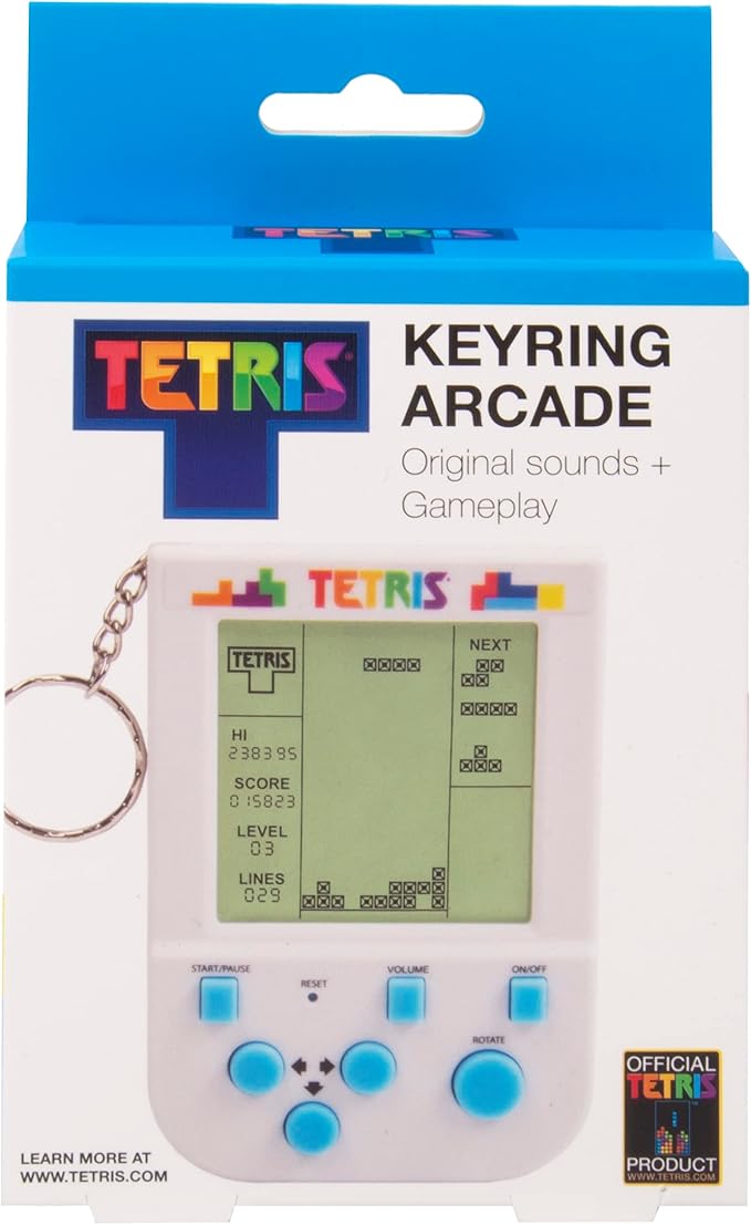 Tetris Keyring Handheld Arcade Game - Retro Mini Portable Handheld Tetris Game for Kids and Adults. Traditional Game Play with 15 Retro Gaming Levels Including Original Tetris Gameplay & Sounds.