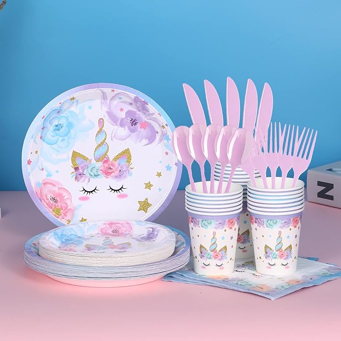 Unicorn Birthday Party Decorations Rainbow Unicorn Plates and Napkin Party Supplies for Girls Birthday Decor Afternoon Tea Pool Garden Party Baby Shower,Serves 24