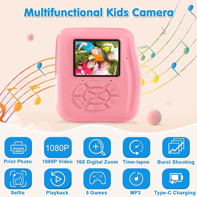 Kids Camera Instant Print - Kids Printing Cameras That Print Photos Toddler Digital Camera for Kid 1080P Toys Video Cameras Christmas Birthday Gifts for 3-12 Year Old Girls Boys Pink