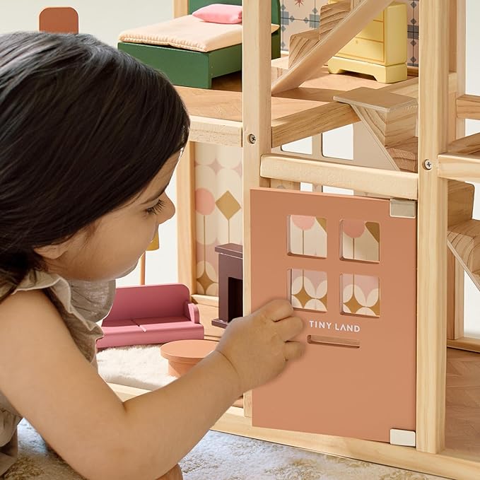 Tiny Land Wooden Dollhouse for Girls - 6 Rooms Wooden Doll House, DIY Pretend Doll House with 31Pcs Furniture Accessories, Creative Gift for Girl Ages 3+ (Dusty Pink)