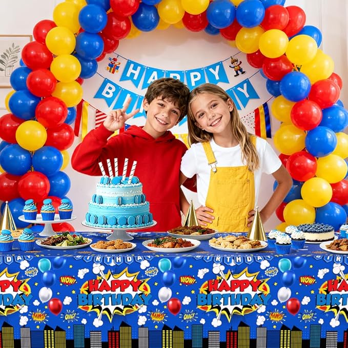 3 Pieces Blue Superhero Birthday Tablecloth for Boy or Girl Super Hero Birthday Party Decorations Supplies Blue Superhero Plastic Table Cloth Disposable Table Covers 108 x 54 Inch