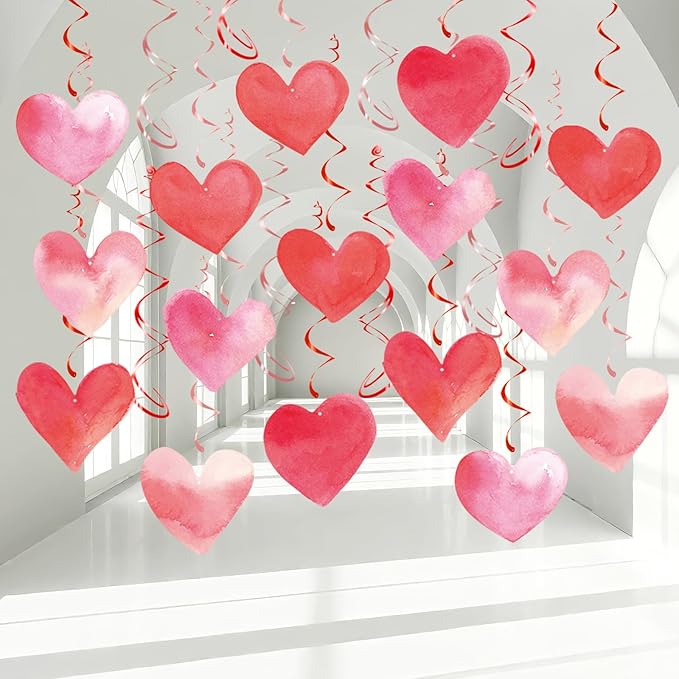 Red Pink Heart Hanging Swirl Decorations, Foil Ceiling Hanging Whirls for Valentines Day Decorations Galentines Birthday Engagement Wedding Party Supplies 24 Pcs