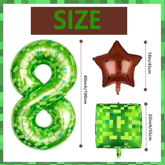 5Pcs Green Pixel Miner Number 8 Foil Balloon Set 40 Inch Large Mylar Mining Theme 8th Number Balloons Pixel Cubes Boxes Video Game Birthday Party Decorations