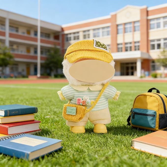 17cm Doll Clothes Overalls Outfit Set, Include 5 Styles with Hats, Headphones, Shoes and Bag, Cute Dress Up Accessories for Doll Play and Display, (No Dolls)