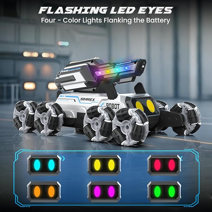 SIMREX Robot Dog RC Stunt Car Toys - Gesture Sensing Remote Control car with Mecanum Wheels, LED Eyes, 3 Sound Effects,Water-Shooting Turret & RGB Lights,Birthday Gift for Kids Boys Girls