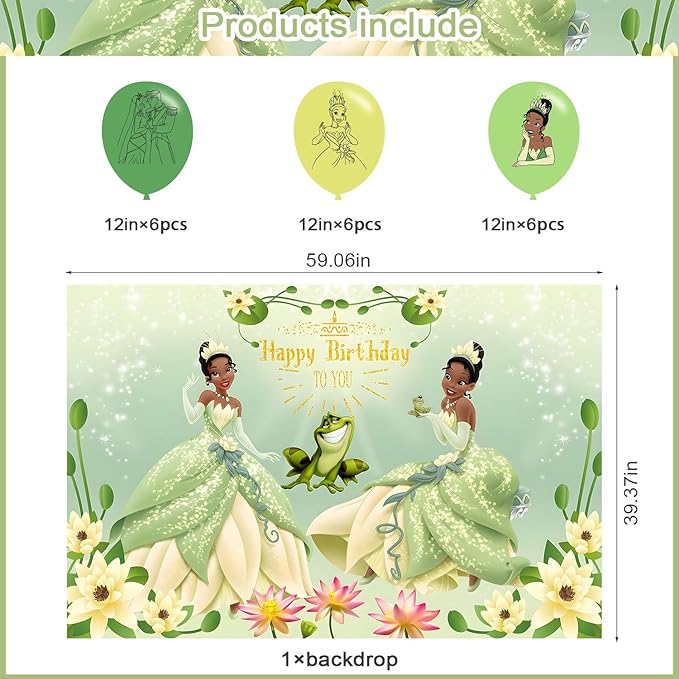 Princess Tiana Birthday Party Decoration,Princess Party Photo Background 5 x 3 FT and 18 Pcs Balloon,Merch Party Backdrop Supplies