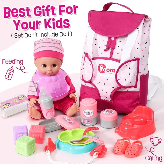 Baby Doll Accessories Playset, Baby Doll Care Toys with Changing Bag Backpack Feeding Set Doll Nappies Bottle Bath, Birthday Toys for Kids Girls (Doll Not Included)