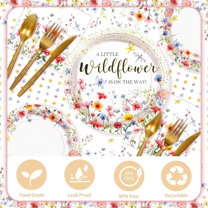 218Pcs Wildflower Baby Shower Decorations for Girls, Wildflower Party Decorations Include Plates Cup Napkin Tablecloth Tableware Banner Cupcake Topper Wildflower Baby in Bloom Party Supplies