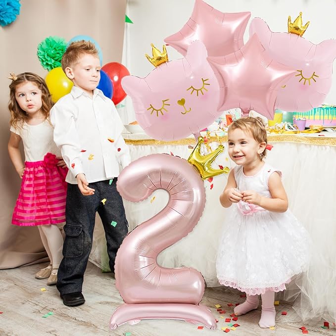 Pink Cat Balloon Set, Crown Cat Foil Balloon, 2 Year Old Girl Birthday Party Decoration, Cat Theme Decoration, Theme Party Supplies for Girls Kitten (2)