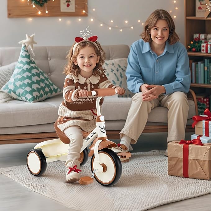 BABY JOY Toddler Tricycle, Kids Trike with Adjustable Seat and Storage Basket for Boys Girls Indoor and Outdoor Riding, Toddler Trike for Baby 3-5 Years Old (Beige)