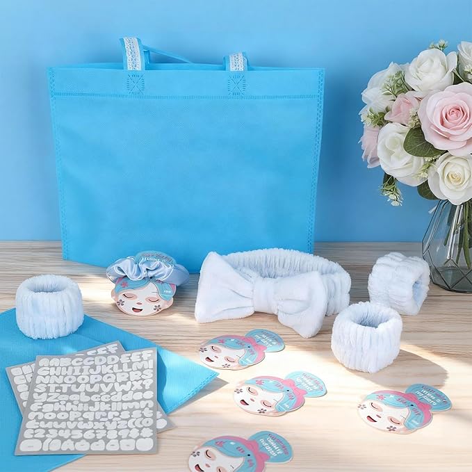 72 Pcs Blue Spa Sleepover Party Supplies for Girls With DIY Stickers And Greeting Card Pink Headband Wristbands Eye Mask Hair Scrunchie Tote Bag Sleeping Slumber Party Favors