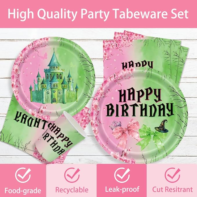 142pcs Pink and Green Witch Party Decorations Tableware, Witch Table Centerpieces Party Supplies, Tableware Set Paper Cups for Girls Birthday Party Decorations Severs 20 Guests