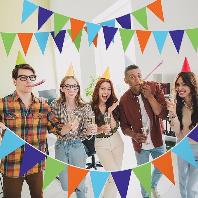 Jetec 5 Pcs 49Ft Mystery Theme Party Decorations, Teal Green Orange Purple Pennant Banner for Detective Birthday, Retro Van Vibes Triangle Flags Bunting, Classroom Outdoor Indoor Decor, Pre-assembled