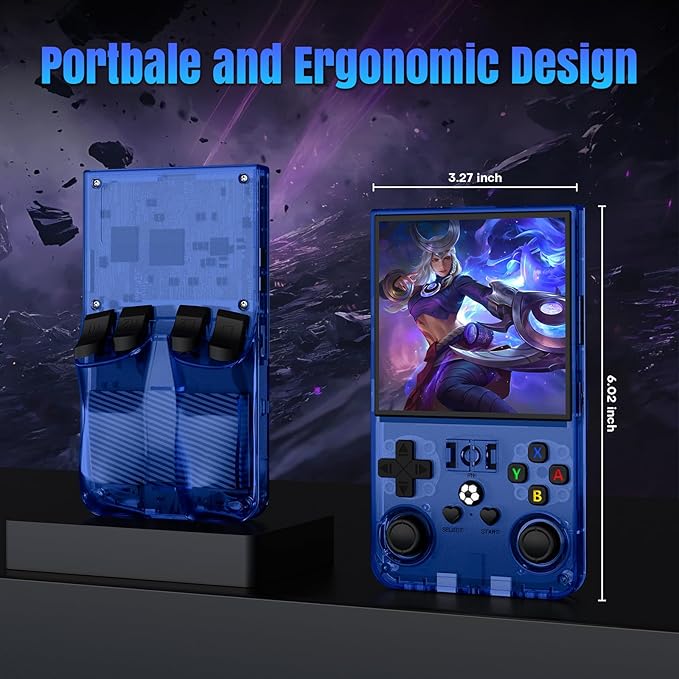R36MAX Retro Handheld Game Console, 64GB Retro Gaming Console with 4.0 Inch Screen, Portable Video Game Consoles with 4000mAh Battery and Multiple Emulators, Open Linux System (Transparent Blue)