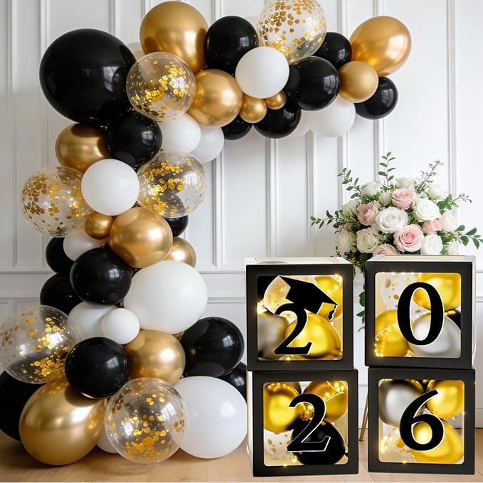 Graduation Decorations Class of 2026 - Black and Gold Graduation Decorations - Balloons Boxes with Letters 2026 GRAD So Proud of You, Congrats Grad Party Decorations for Any Grades