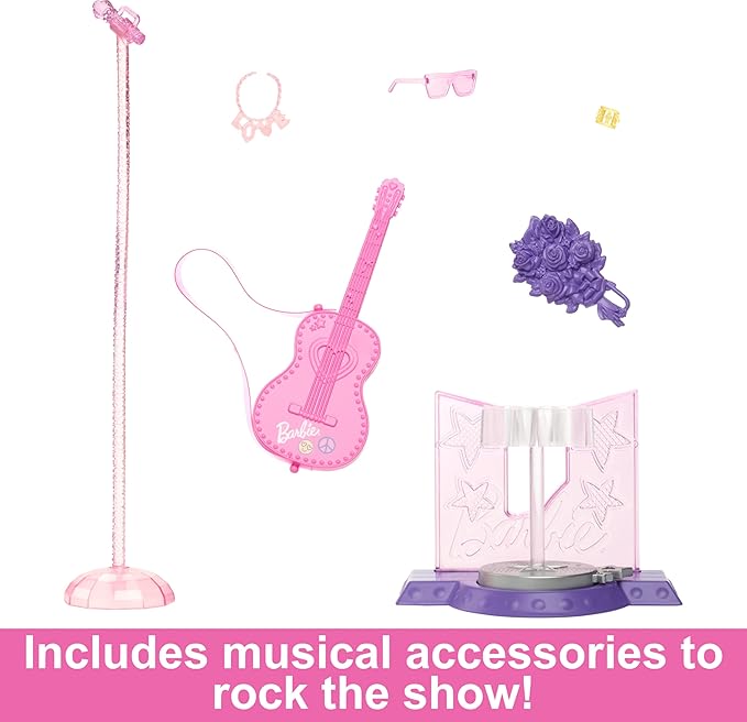 Barbie 65th Anniversary Doll & 10 Accessories, Pop Star Set with Brunette Singer Doll, Toy Stage with Moving Feature & More