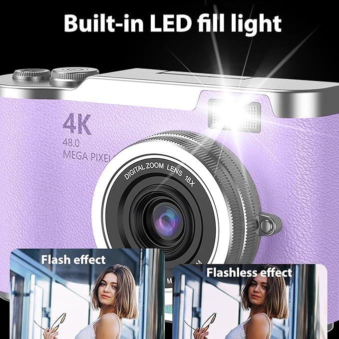Denash Foldable Screen Kids and Beginners Camera,4K Digital Camera for Photography,48MP Digital Foldable Support 16X Zoom with Flip Scree (Purple)