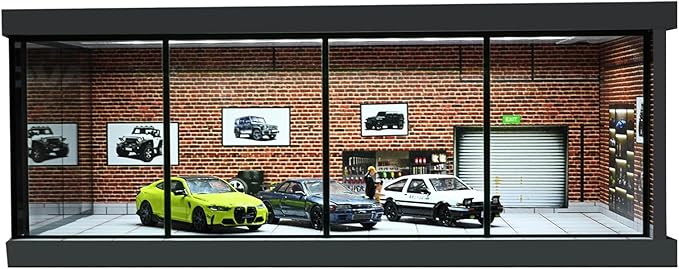 1/64 Diorama Garage Model, LED Lighting City Showroom, 1/64 Scale Diecast Car Parking Lot Storage, Scene Display Case Collection Gift (Red Brick)