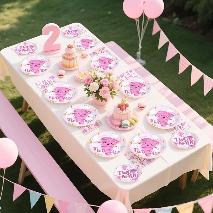 Grencian 96Pcs Two Nado Party Supplies Pink Tornado 2nd Birthday Plates and Napkins Tableware Sets Two Nado Party Decorations Favors for Girls Baby Shower 2 Year Old Birthday Supplies Serves 24
