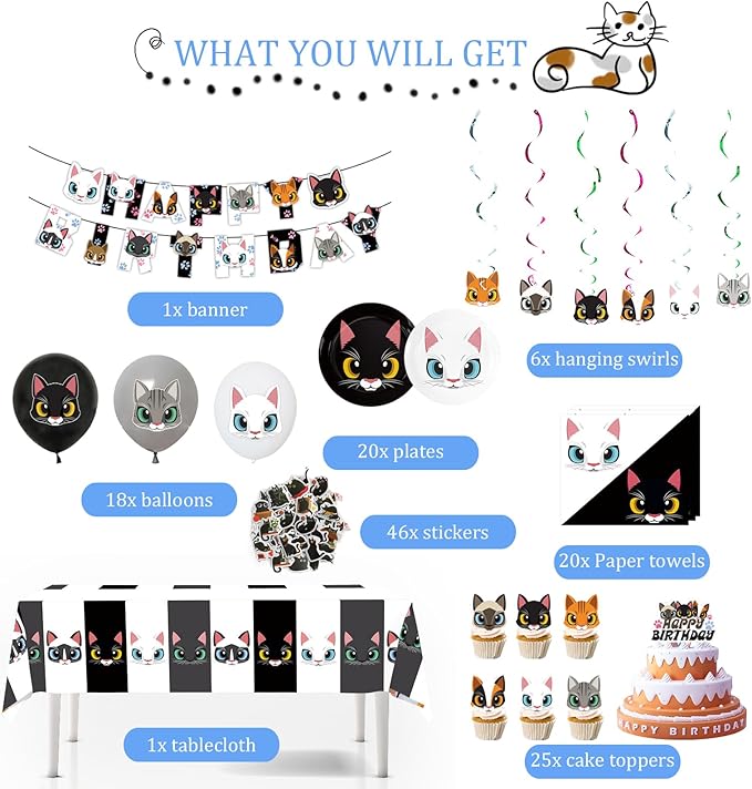 137pcs Cat Birthday Decorations Cat Themed Party Supplies - Banner Plates Napkins Hanging Swirls Kitten Balloons Cake Cupcake Toppers Tablecloth Stickers for Kids Girls Party Decor (Black+White)