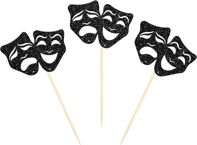 24 PCS Theatrical Mask Cupcake Toppers Glitter Comedy Movie Night Cupcake Picks for Film Festival Theme Birthday Party Cake Decorations Supplies Black