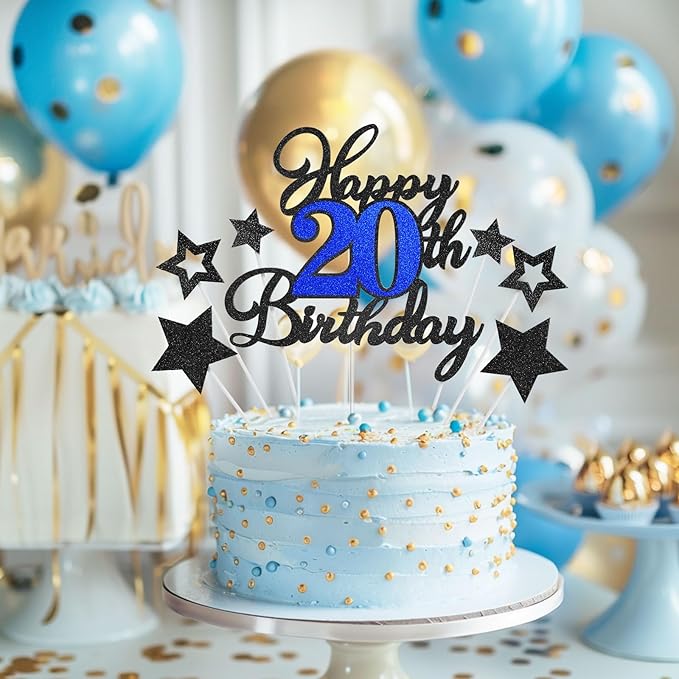 20th Birthday Cake Topper, Black Blue Happy 20th Birthday Cake Toppers for Boy Girl, 20 Years Old Birthday Party Supplies, Glitter Cake Decor, 20th Birthday Cake Decorations