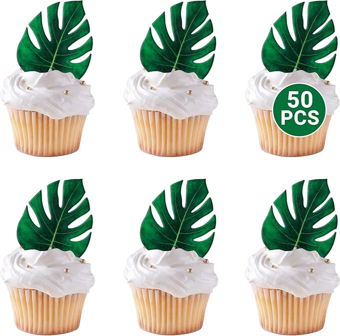 50 PCS Hawaiian Party Decorations, 1.77 IN Tropical Turtle Leaves for Cake Decor, Green Hawaiian Cake Toppers Summer Cupcake Toppers, Plam Leaf Jungle-theme Decorations Tropical Party Decorations