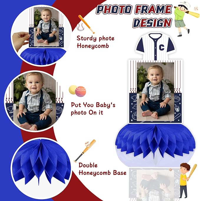 Baseball 1st Birthday Decorations, Rookie of The Year 1st Birthday Decorations Honeycomb Centerpiece for Table, Baseball 1st Birthday Decorations for Boys Photo Table Centerpiece Party Supplies