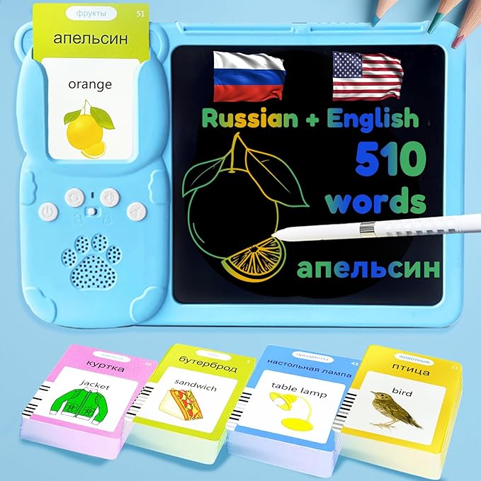 Writing Tablet with Bilingual Flashcards for Kids - Russian English Talking Flash Cards, LCD Writing Pad Board, Pocket Speech for Toddlers, Learning Toy Gift for Boys Girls (Russian, Blue)