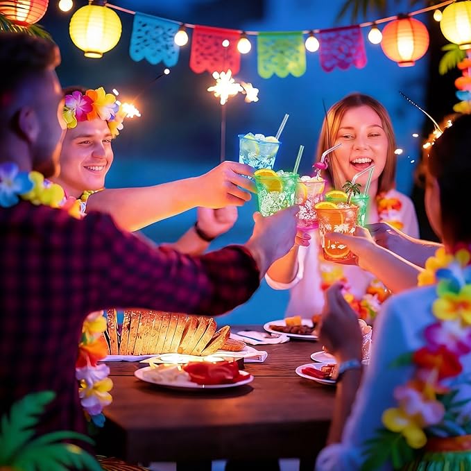 Remerry 100 Pack 12 oz Neon Hawaiian Luau Glowing Cups Disposable Glowing in The Dark Cups Luau Party Decorations for Hawaiian Beach Theme Birthday Summer Supplies
