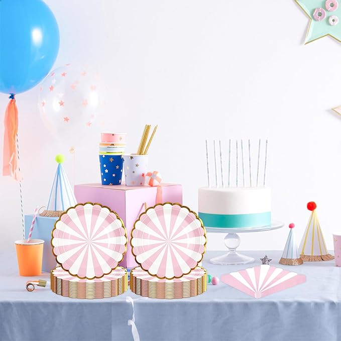 50PCS Pink Striped Paper Plates and Napkins Party Supplies, 7 inch Disposable Gold Foil Scalloped Dessert Plate Party Dinnerware Set for Birthday Wedding Bachelorette Baby/ Bridal Shower Decorations