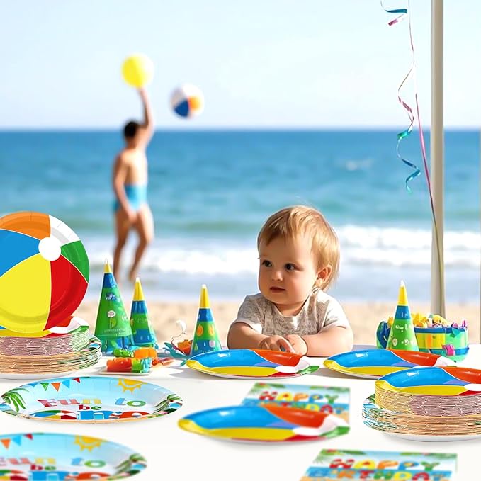 96Pcs Beach Ball Party Supplies Summer Beach Ball 1st Birthday Plates and Napkins Tableware Sets Fun to Be One Decorations for Baby Shower Luau Pool First Birthday Party Supplies Serves 24