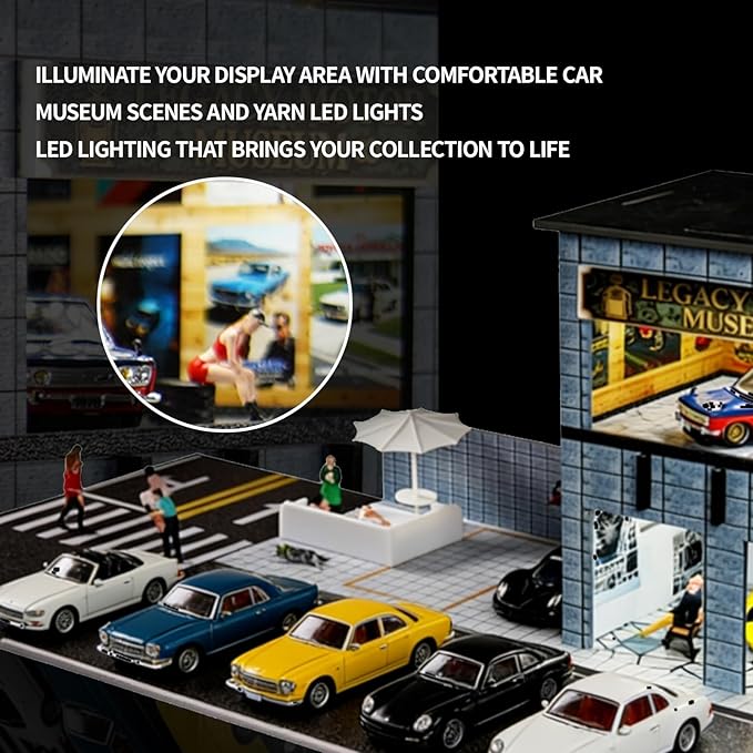 1/64 Model Car Display Shop Case for Adults, Premium in-House-Design Scale Diecast Parking Garage for Toy Cars, Toys Car Garage, Scenic Diorama Display Car Park with ith LED Lamps, Gifts for Men