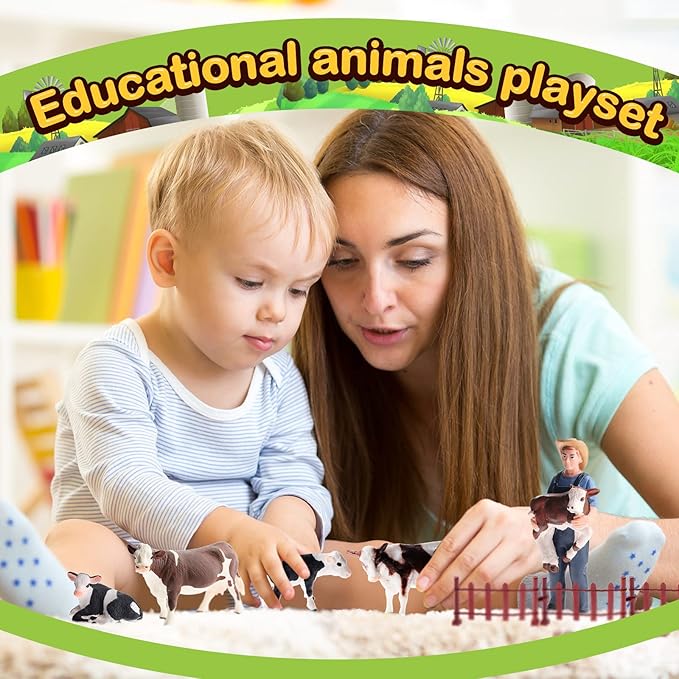 Zomiboo 17 Pcs Cow Toys Figurine Corral Fence Toys Realistic Farm Figures Barn Animals Plastic Cow Farm Figurine Gift Keepers Animal Figurines for Preschool Educational Christmas Decorations