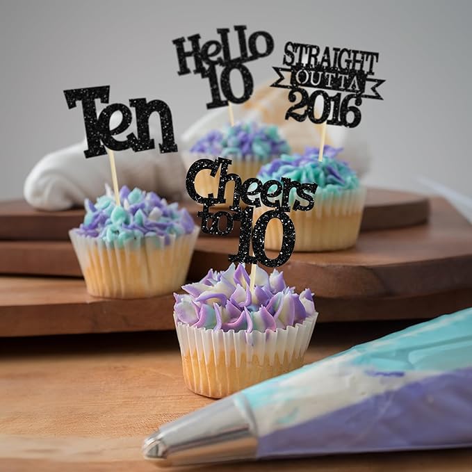 Ephlyn 24Pcs Happy 10th Birthday Cupcake Toppers Glitter Straight Outta 2016 Cupcake Picks Cheers to 10 Years Cake Decorations for 10th Birthday Anniversary Party Decorations Supplies Black